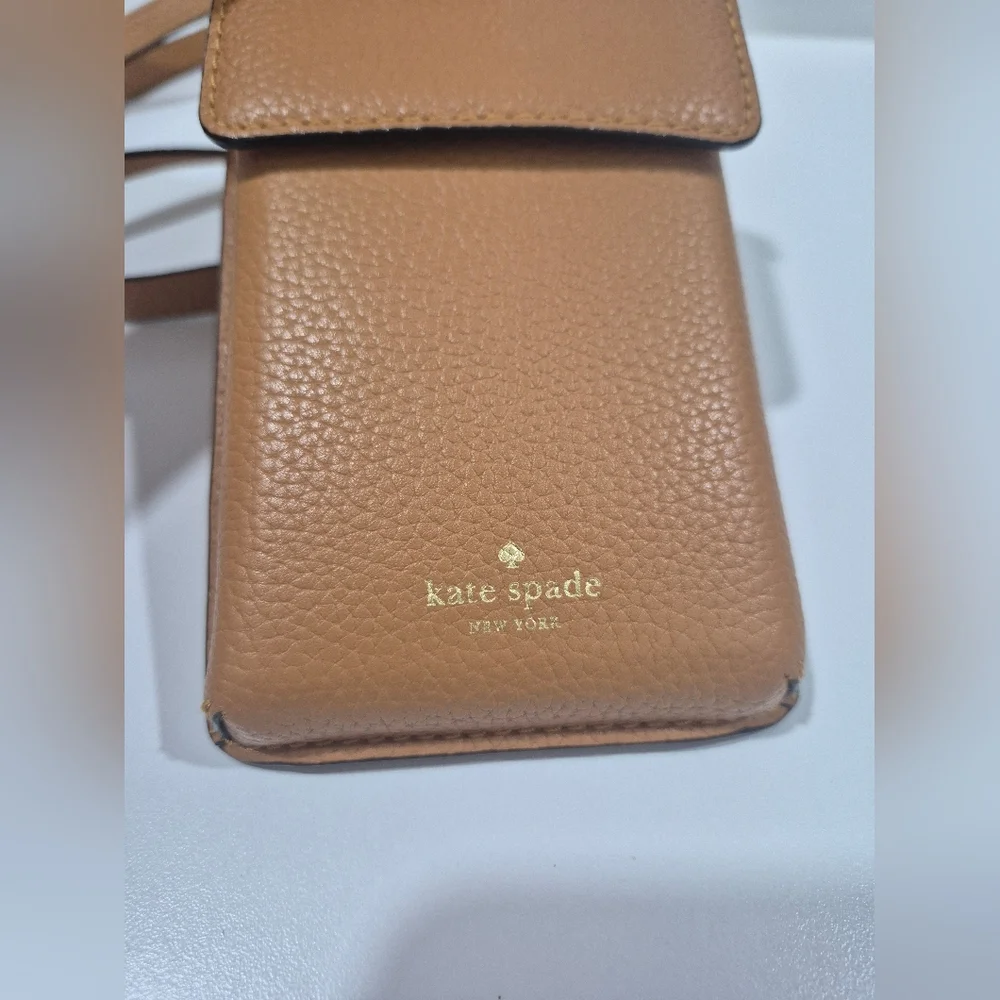 Kate Spade Tan Brown Leather North South Phone Crossbody Bag Purse